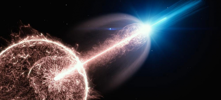 Künstlerische Darstellung des relativistischen Materie-Jets eines Gammablitzes (GRB), der aus dem kollabierenden Stern herausschießt und energiereiche Gammastrahlung erzeugt.